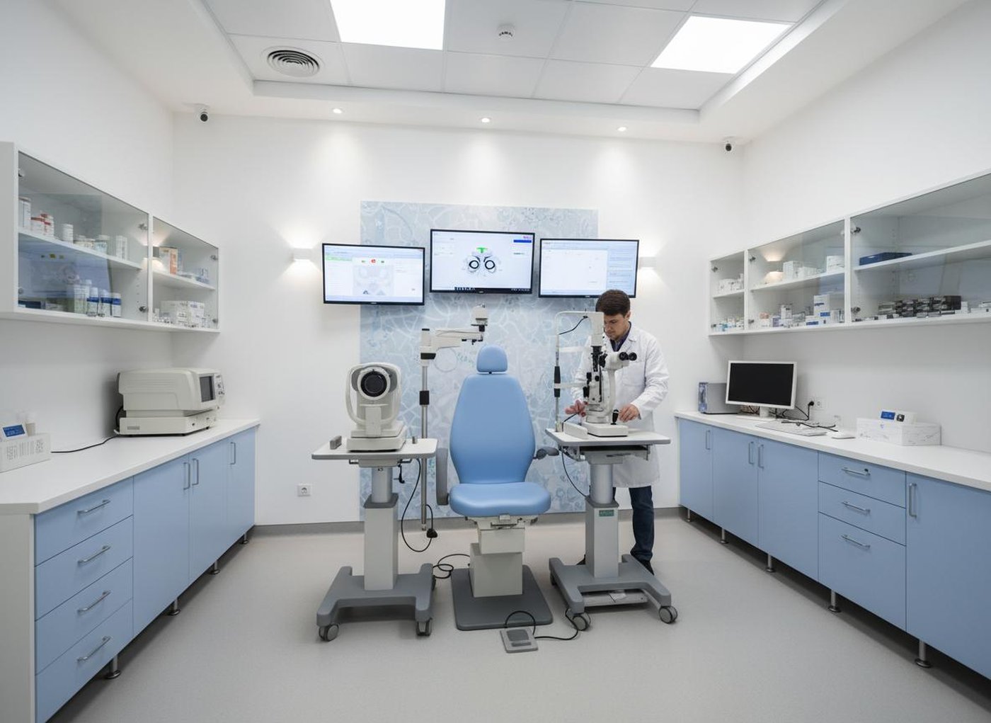 Ophthalmic examination room with diagnostic equipment