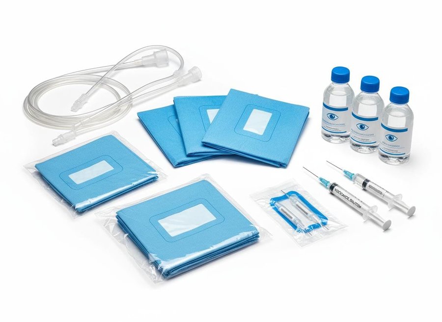 Ophthalmic consumables including syringes and drapes